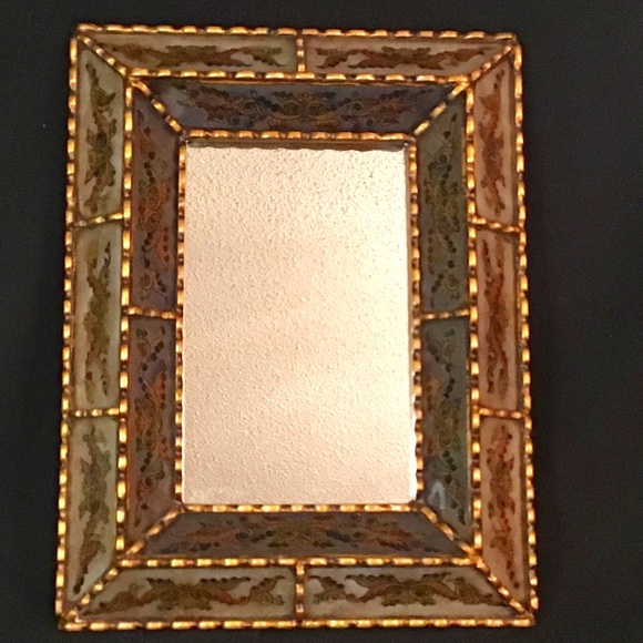Vintage Beautiful Accent Mirror, Reverse Painted Gold Detail 12" x15"
